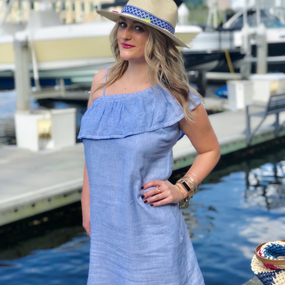 NWOT blue and white striped ruffle sleeve dress!